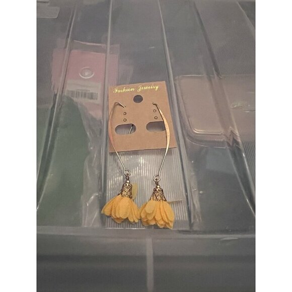 Dainty Yellow Cloth Flower Dangle Goldtone Fancy Earwire Earrings - Picture 11 of 11